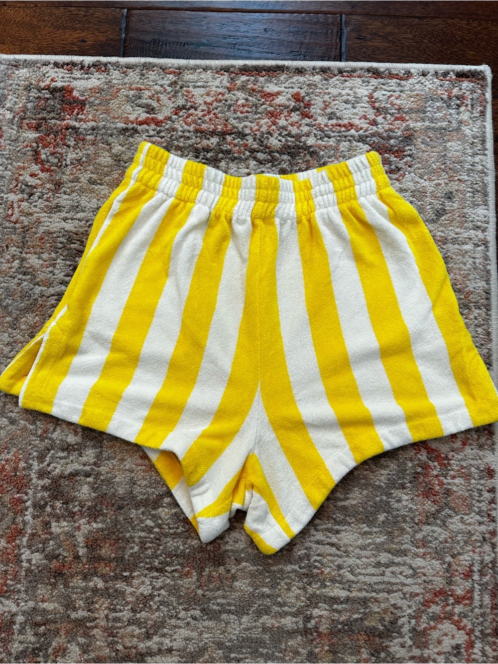 Trovata Women High Waist Shorts in Yellow and White Stripe